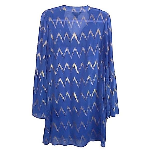 Chiffon Shift Dress Shirt Dress Large V Neck Long Bell Sleeve Blue Gold Rock 47 - Picture 3 of 7